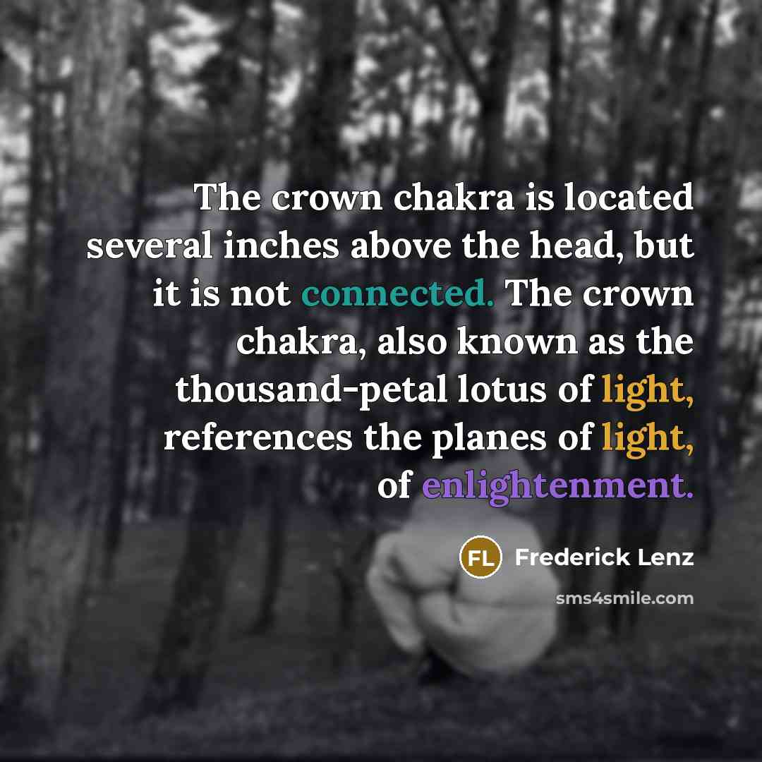 “The crown chakra is located several inches above the head, but it is not connected. The crown chakra, also known as the thousand-petal lotus of light, references the planes of light, of enlightenment.” quote by Frederick Lenz