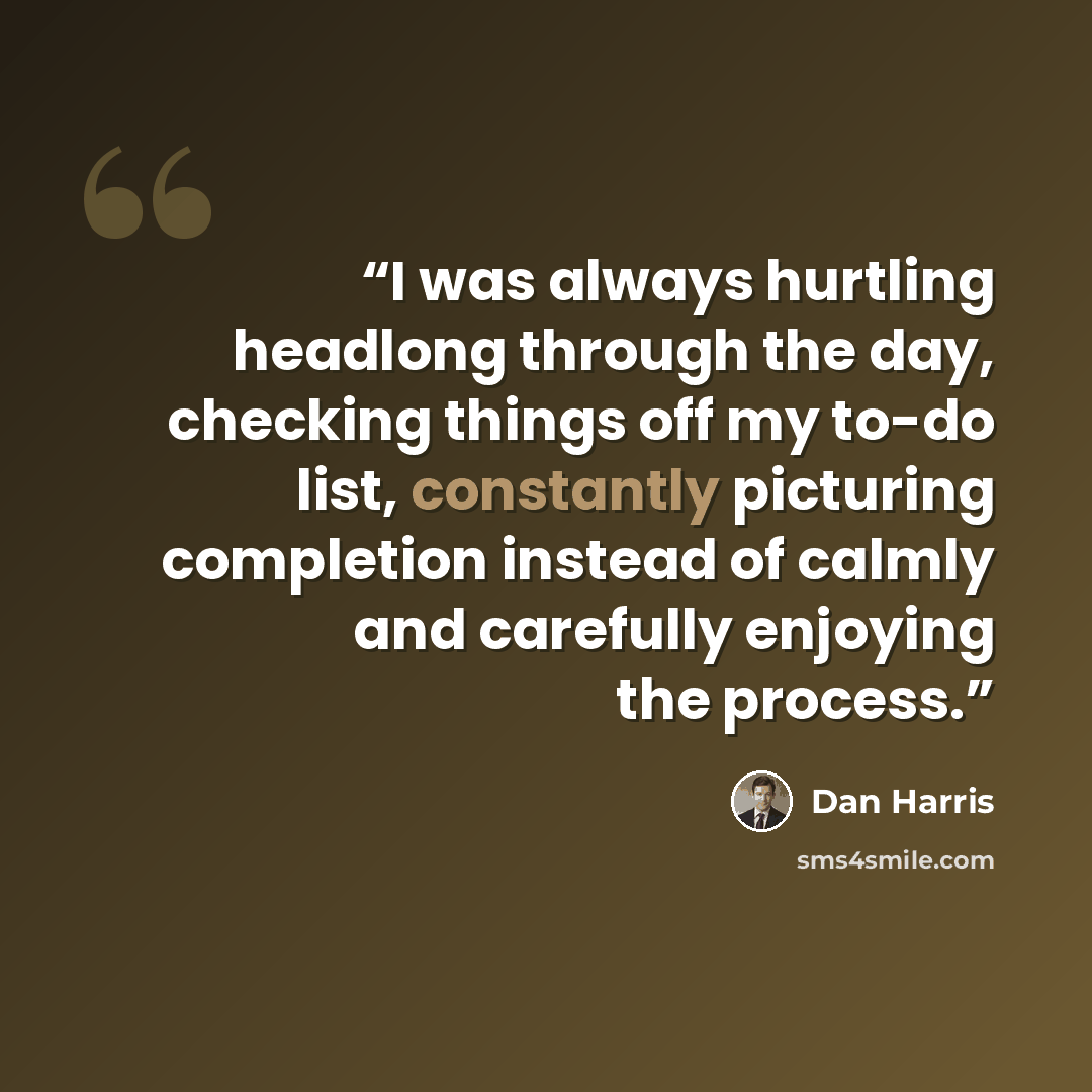 “I was always hurtling headlong through the day, checking things off my to-do list, constantly picturing completion instead of calmly and carefully enjoying the process.” quote by Dan Harris