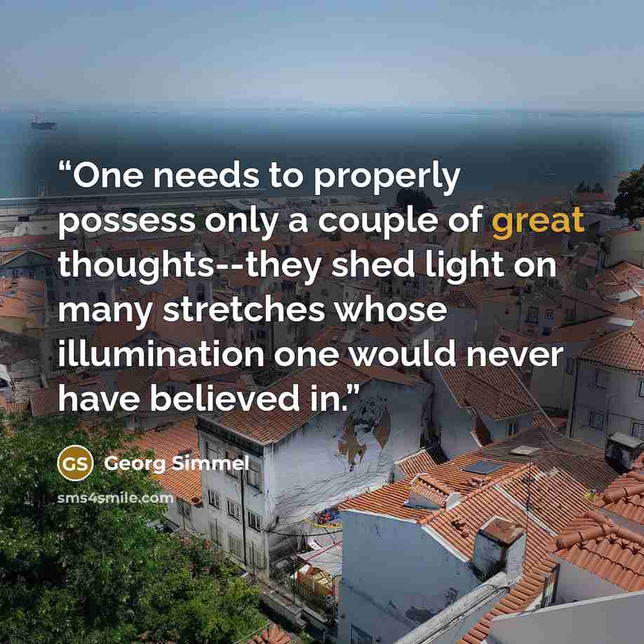“One needs to properly possess only a couple of great thoughts--they shed light on many stretches whose illumination one would never have believed in.” quote by Georg Simmel