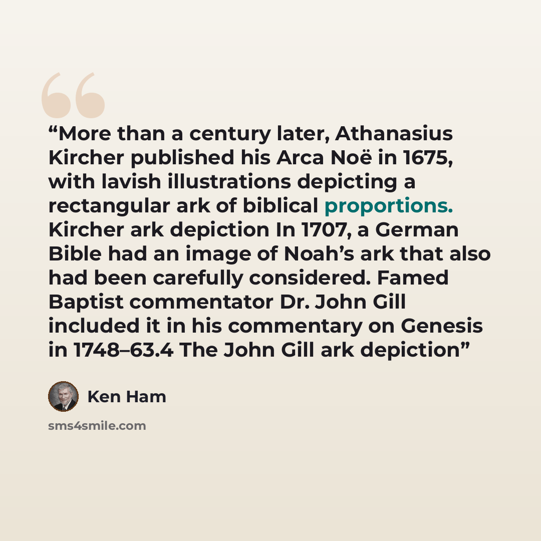 “More than a century later, Athanasius Kircher published his Arca Noë in 1675, with lavish illustrations depicting a rectangular ark of biblical proportions. Kircher ark depiction In 1707, a German Bible had an image of Noah’s ark that also had been carefully considered. Famed Baptist commentator…” quote by Ken Ham