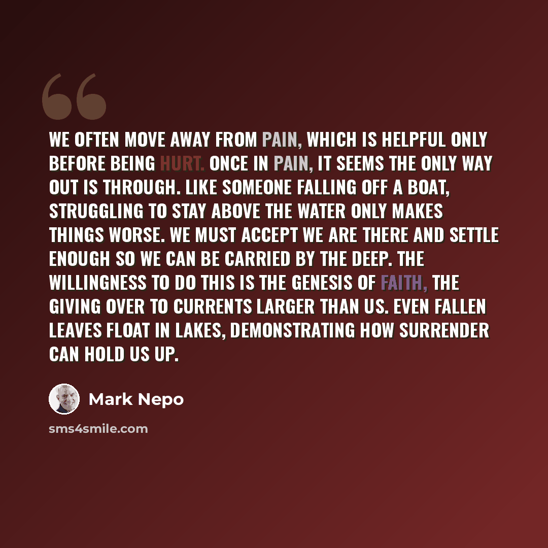 “We often move away from pain, which is helpful only before being hurt. Once in pain, it seems the only way out is through. Like someone falling off a boat, struggling to stay above the water only makes things worse. We must accept we are there and settle enough so we can be carried by the deep…” quote by Mark Nepo