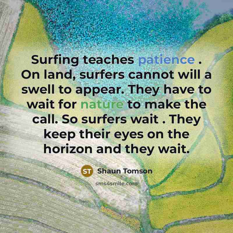 “Surfing teaches patience . On land, surfers cannot will a swell to appear. They have to wait for nature to make the call. So surfers wait . They keep their eyes on the horizon and they wait.” quote by Shaun Tomson