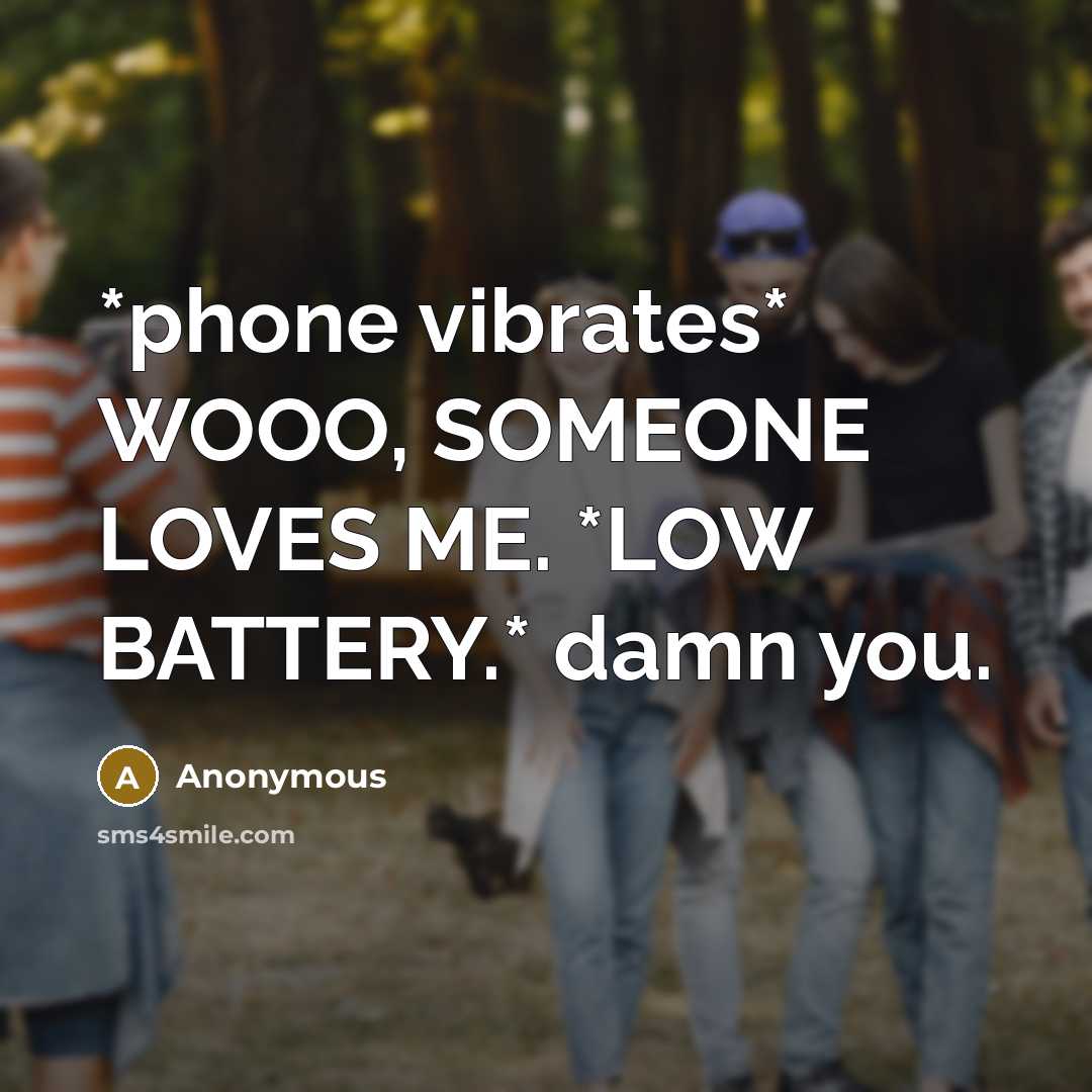 “*phone vibrates* WOOO, SOMEONE LOVES ME. *LOW BATTERY.* damn you.” quote by Anonymous