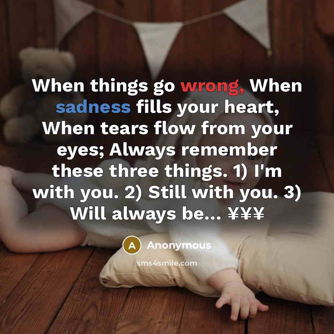 “When things go wrong, When sadness fills your heart, When tears flow from your eyes; Always remember these three things. 1) I'm with you. 2) Still with you. 3) Will always be… ¥¥¥” quote by Anonymous
