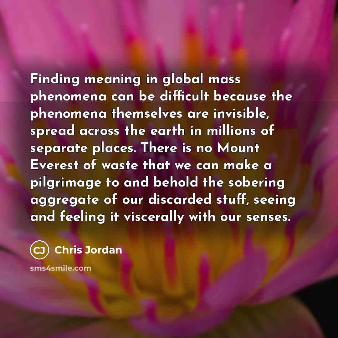 “Finding meaning in global mass phenomena can be difficult because the phenomena themselves are invisible, spread across the earth in millions of separate places. There is no Mount Everest of waste that we can make a pilgrimage to and behold the sobering aggregate of our discarded stuff, seeing and…” quote by Chris Jordan