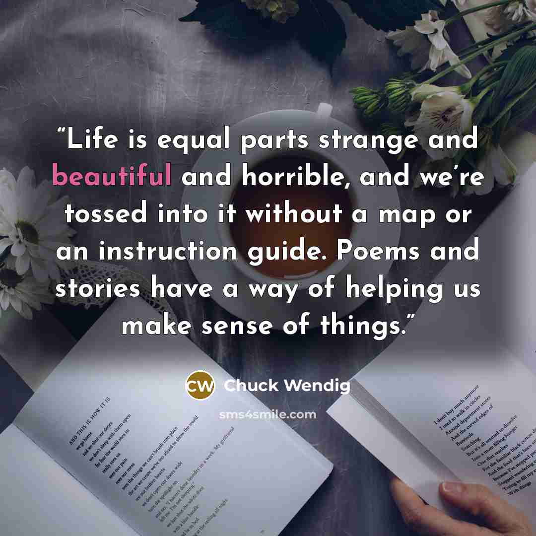 “Life is equal parts strange and beautiful and horrible, and we’re tossed into it without a map or an instruction guide. Poems and stories have a way of helping us make sense of things.” quote by Chuck Wendig
