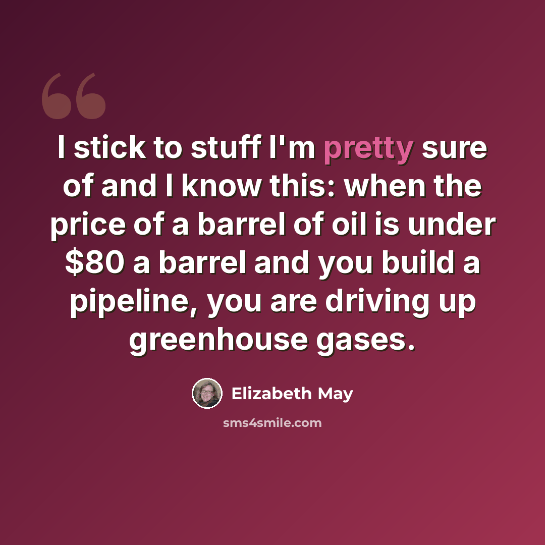 “I stick to stuff I'm pretty sure of and I know this: when the price of a barrel of oil is under $80 a barrel and you build a pipeline, you are driving up greenhouse gases.” quote by Elizabeth May
