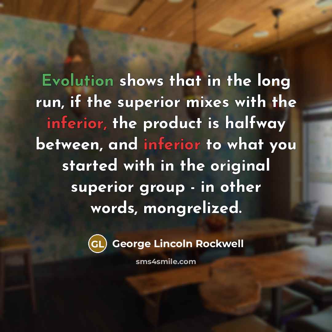 “Evolution shows that in the long run, if the superior mixes with the inferior, the product is halfway between, and inferior to what you started with in the original superior group - in other words, mongrelized.” quote by George Lincoln Rockwell
