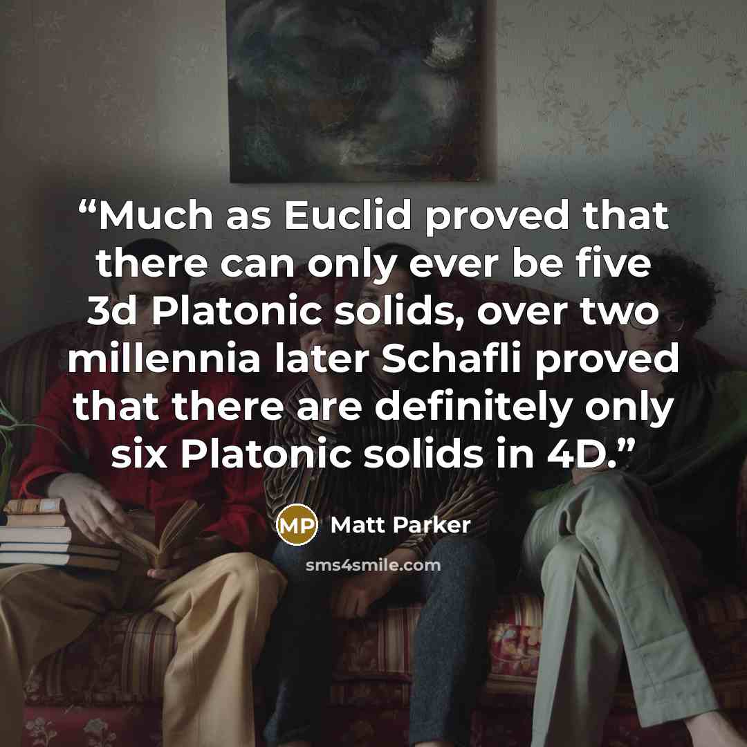 “Much as Euclid proved that there can only ever be five 3d Platonic solids, over two millennia later Schafli proved that there are definitely only six Platonic solids in 4D.” quote by Matt Parker