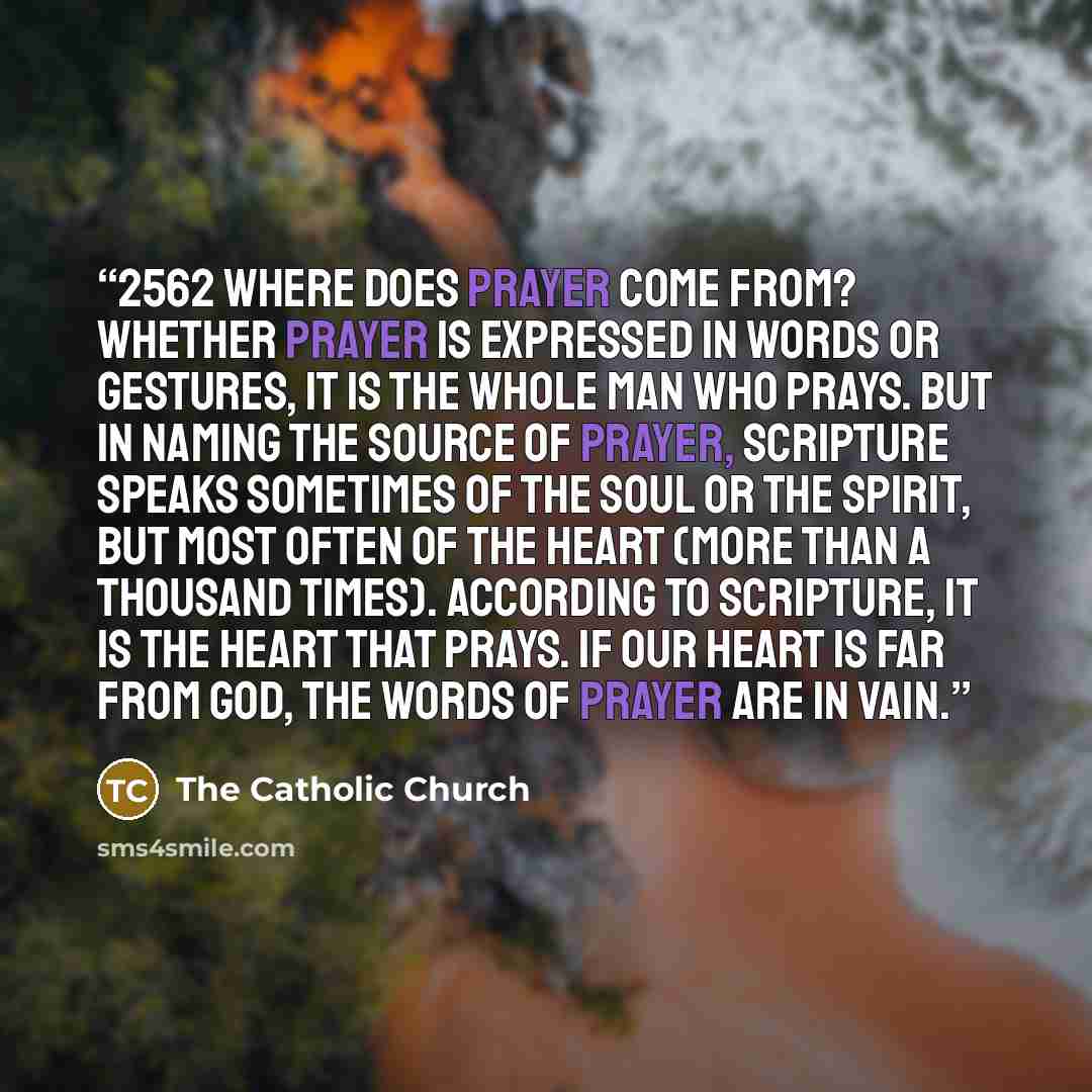 “2562 Where does prayer come from? Whether prayer is expressed in words or gestures, it is the whole man who prays. But in naming the source of prayer, Scripture speaks sometimes of the soul or the spirit, but most often of the heart (more than a thousand times). According to Scripture, it is the…” quote by The Catholic Church