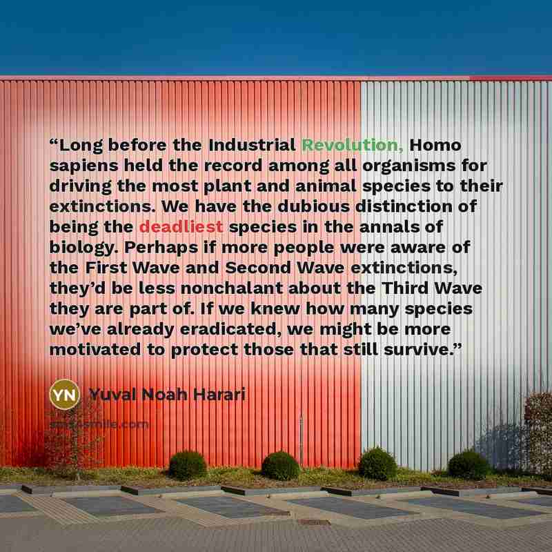 “Long before the Industrial Revolution, Homo sapiens held the record among all organisms for driving the most plant and animal species to their extinctions. We have the dubious distinction of being the deadliest species in the annals of biology. Perhaps if more people were aware of the First Wave…” quote by Yuval Noah Harari
