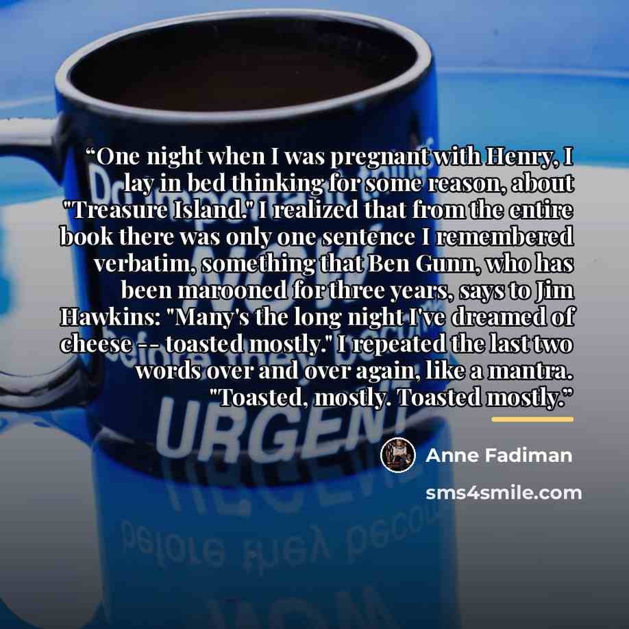“One night when I was pregnant with Henry, I lay in bed thinking for some reason, about "Treasure Island." I realized that from the entire book there was only one sentence I remembered verbatim, something that Ben Gunn, who has been marooned for three years, says to Jim Hawkins: "Many's the long…” quote by Anne Fadiman