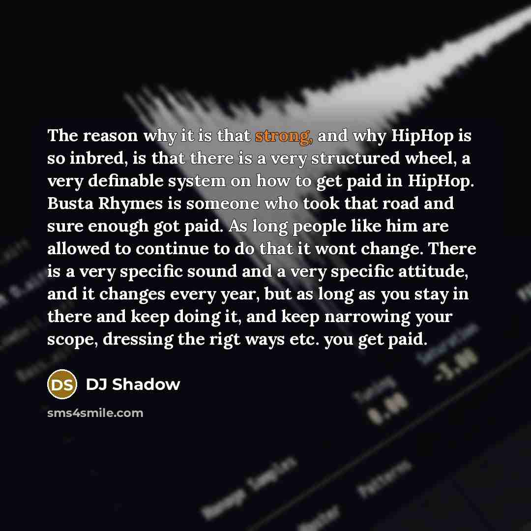 “The reason why it is that strong, and why HipHop is so inbred, is that there is a very structured wheel, a very definable system on how to get paid in HipHop. Busta Rhymes is someone who took that road and sure enough got paid. As long people like him are allowed to continue to do that it wont…” quote by DJ Shadow