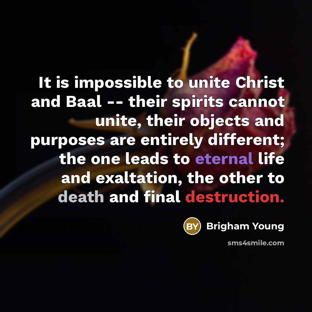 “It is impossible to unite Christ and Baal -- their spirits cannot unite, their objects and purposes are entirely different; the one leads to eternal life and exaltation, the other to death and final destruction.” quote by Brigham Young