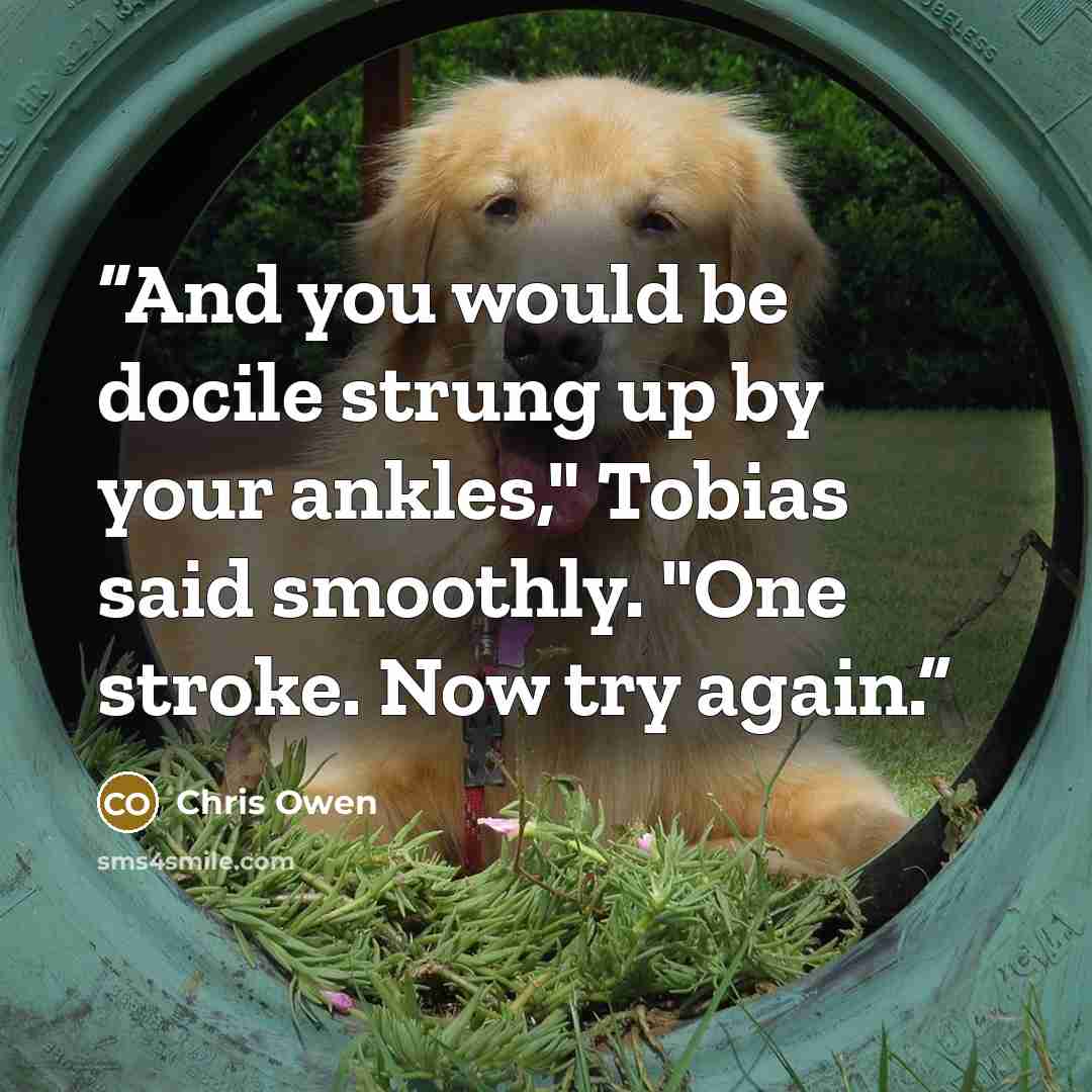 “And you would be docile strung up by your ankles," Tobias said smoothly. "One stroke. Now try again.” quote by Chris Owen
