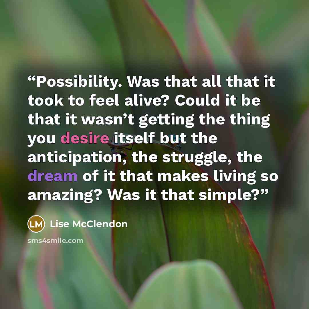 “Possibility. Was that all that it took to feel alive? Could it be that it wasn’t getting the thing you desire itself but the anticipation, the struggle, the dream of it that makes living so amazing? Was it that simple?” quote by Lise McClendon
