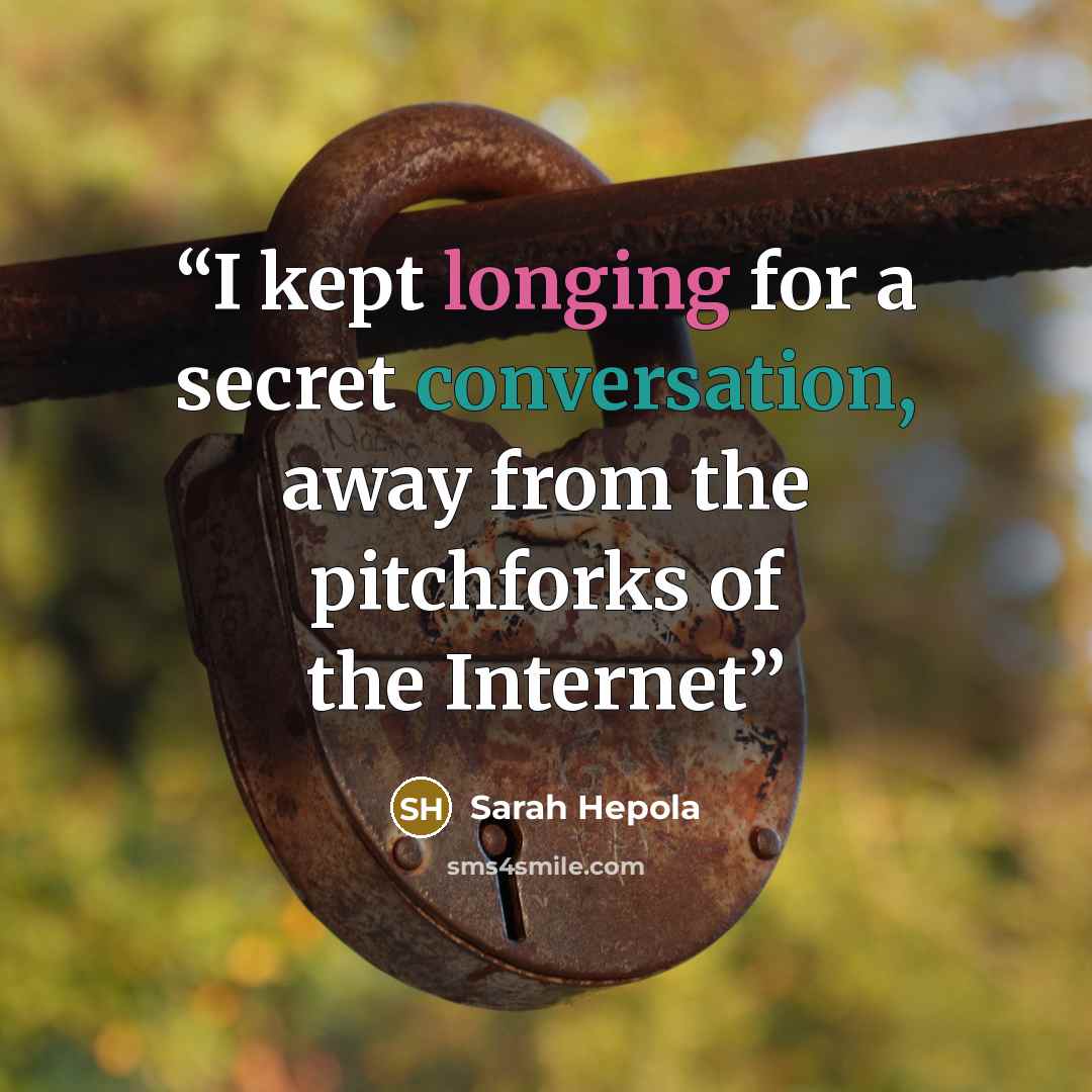 “I kept longing for a secret conversation, away from the pitchforks of the Internet” quote by Sarah Hepola