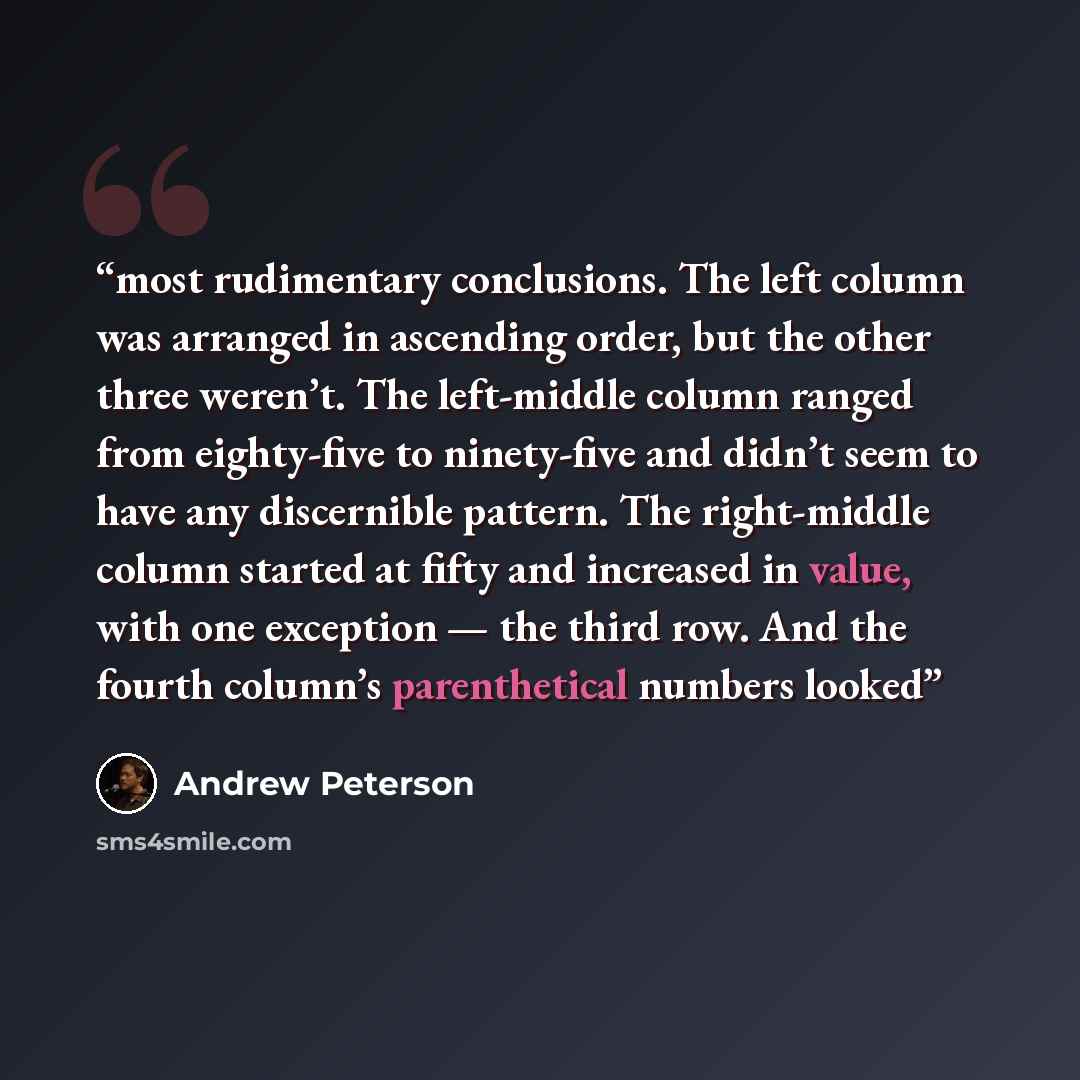 “most rudimentary conclusions. The left column was arranged in ascending order, but the other three weren’t. The left-middle column ranged from eighty-five to ninety-five and didn’t seem to have any discernible pattern. The right-middle column started at fifty and increased in value, with one…” quote by Andrew Peterson