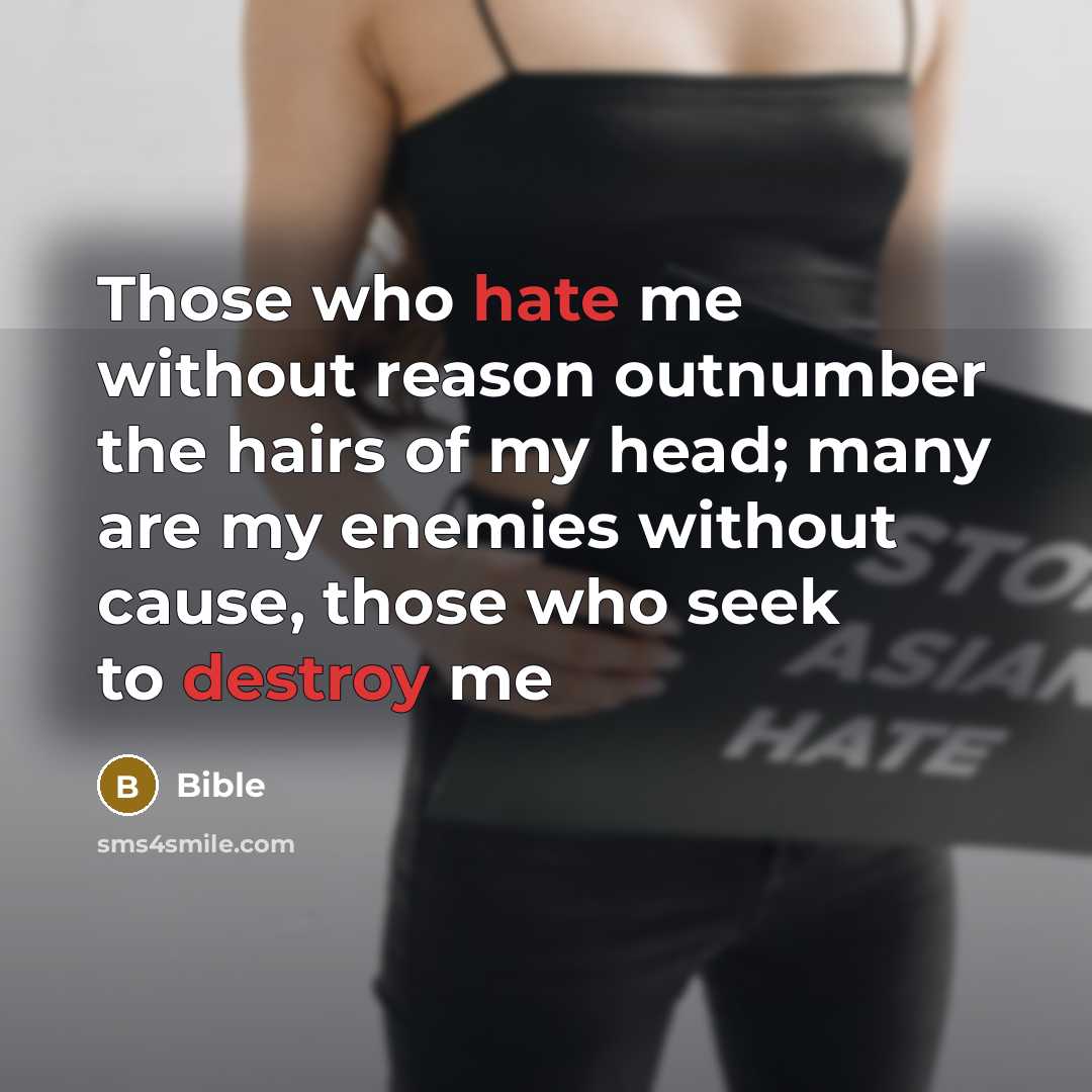 “Those who hate me without reason outnumber the hairs of my head; many are my enemies without cause, those who seek to destroy me” quote by Bible