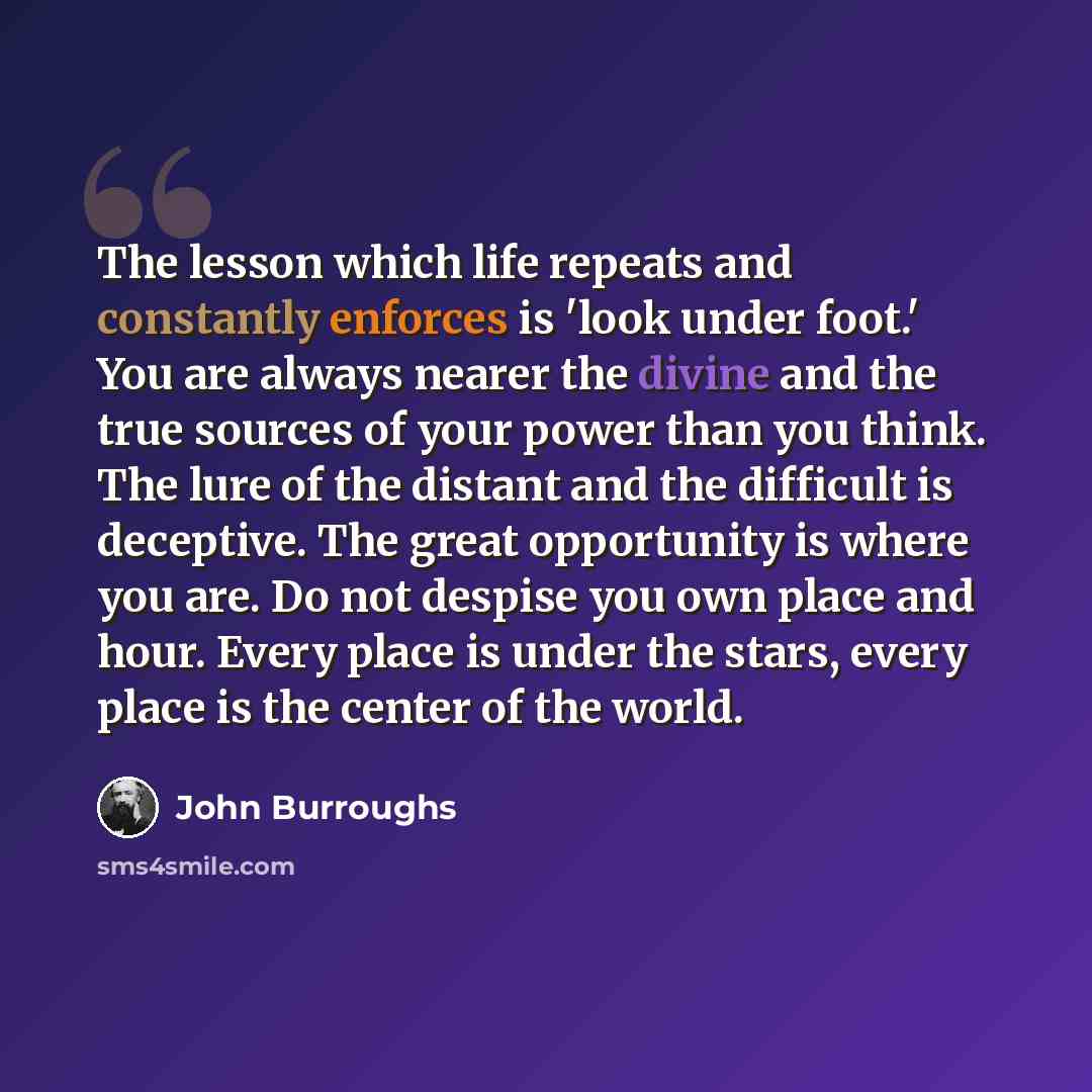 “The lesson which life repeats and constantly enforces is 'look under foot.' You are always nearer the divine and the true sources of your power than you think. The lure of the distant and the difficult is deceptive. The great opportunity is where you are. Do not despise you own place and hour…” quote by John Burroughs