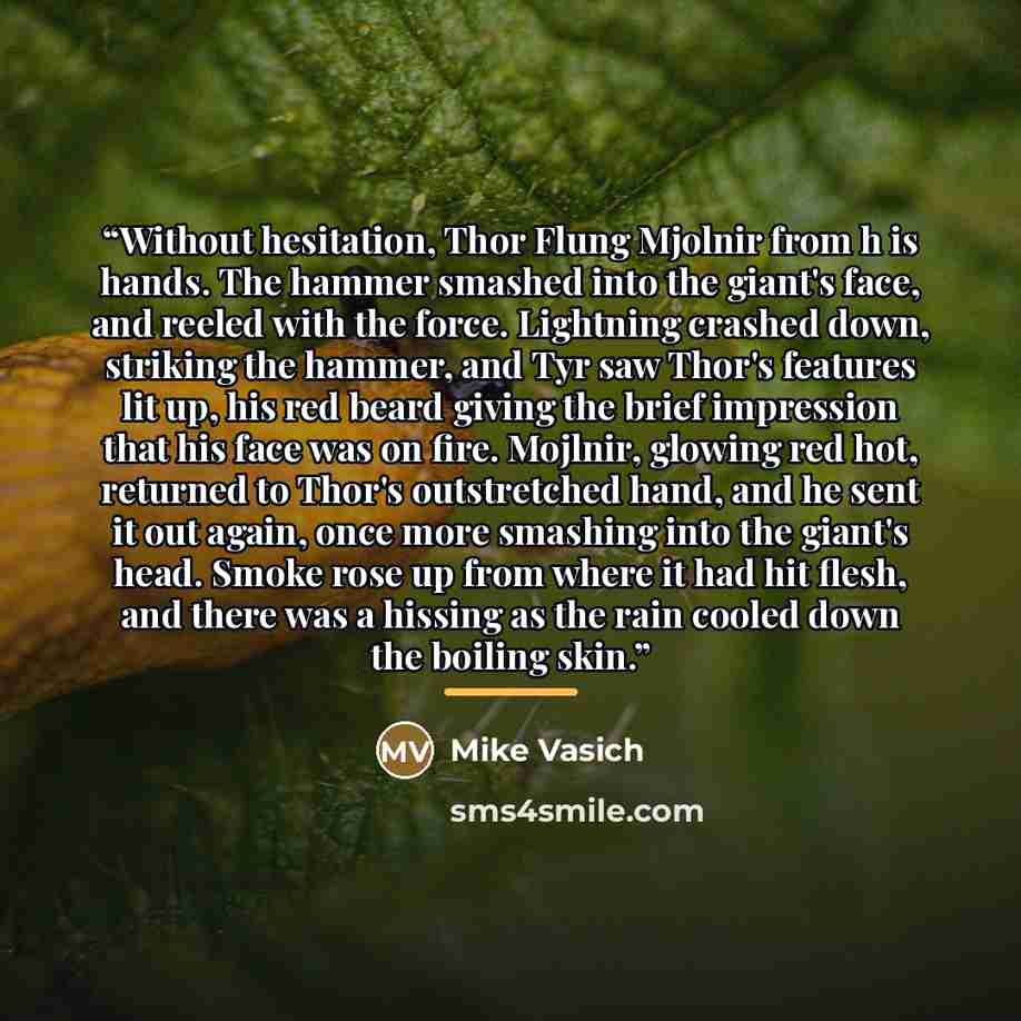 “Without hesitation, Thor Flung Mjolnir from h is hands. The hammer smashed into the giant's face, and reeled with the force. Lightning crashed down, striking the hammer, and Tyr saw Thor's features lit up, his red beard giving the brief impression that his face was on fire. Mojlnir, glowing red…” quote by Mike Vasich