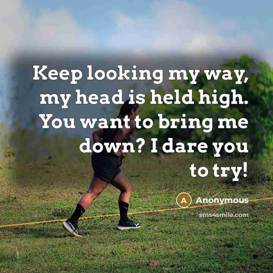 “Keep looking my way, my head is held high. You want to bring me down? I dare you to try!” quote by Anonymous