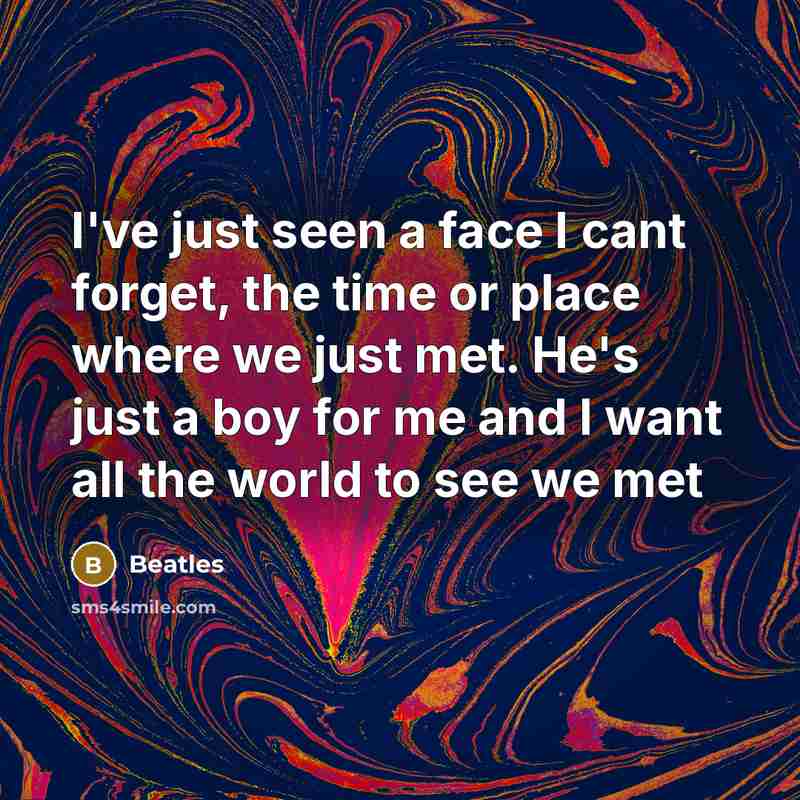 “I've just seen a face I cant forget, the time or place where we just met. He's just a boy for me and I want all the world to see we met” quote by Beatles
