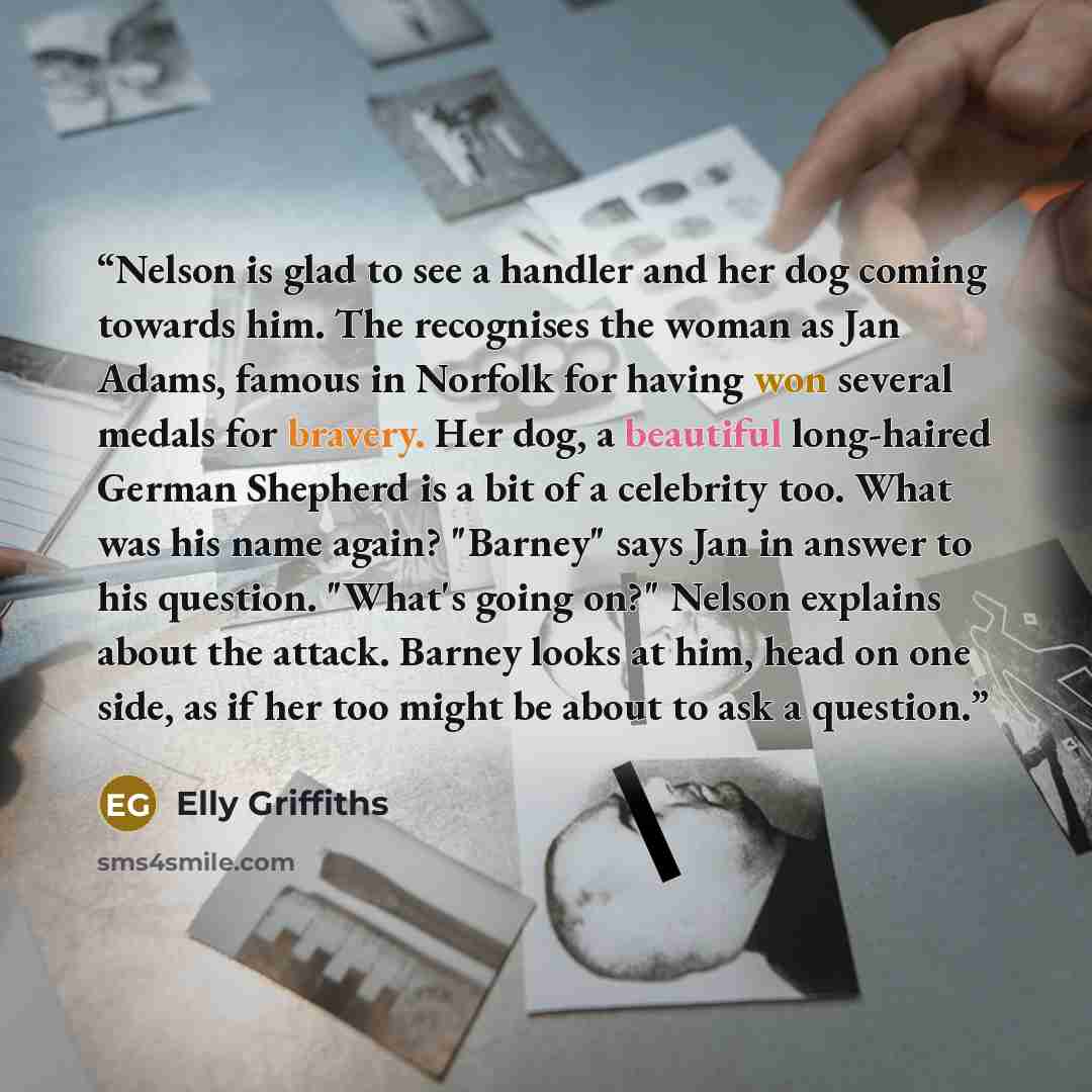 “Nelson is glad to see a handler and her dog coming towards him. The recognises the woman as Jan Adams, famous in Norfolk for having won several medals for bravery. Her dog, a beautiful long-haired German Shepherd is a bit of a celebrity too. What was his name again? "Barney" says Jan in answer to…” quote by Elly Griffiths