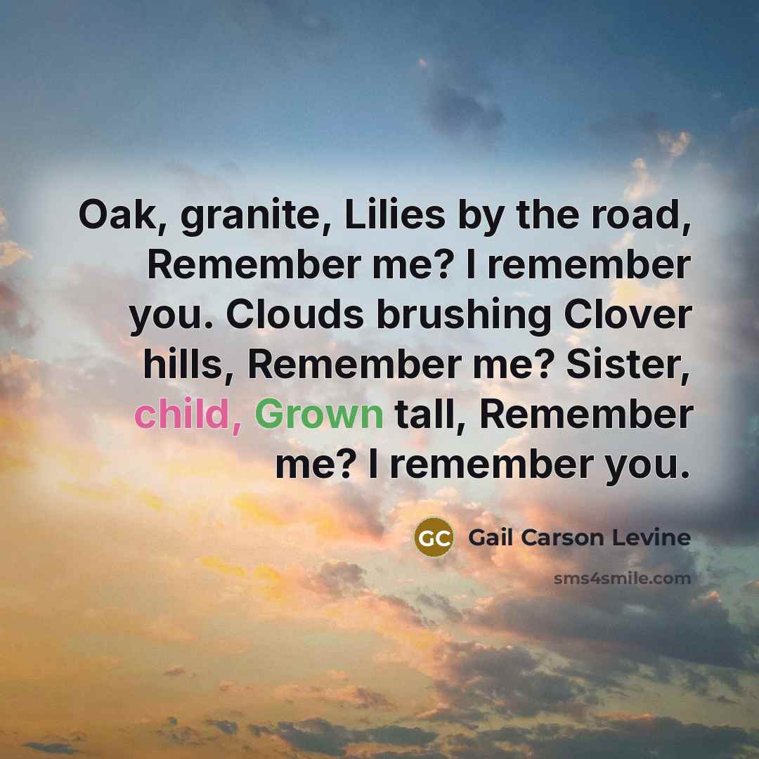 “Oak, granite, Lilies by the road, Remember me? I remember you. Clouds brushing Clover hills, Remember me? Sister, child, Grown tall, Remember me? I remember you.” quote by Gail Carson Levine