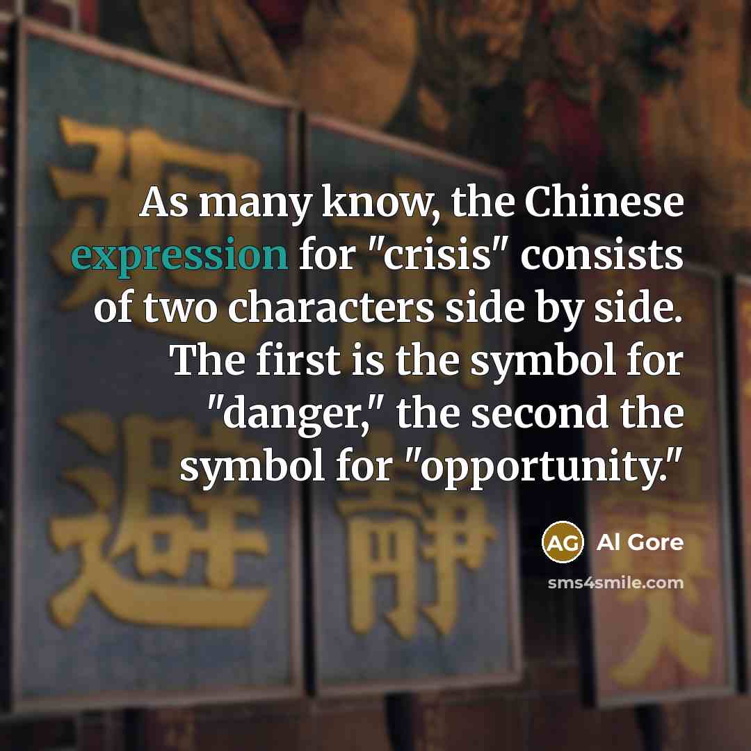“As many know, the Chinese expression for "crisis" consists of two characters side by side. The first is the symbol for "danger," the second the symbol for "opportunity."” quote by Al Gore