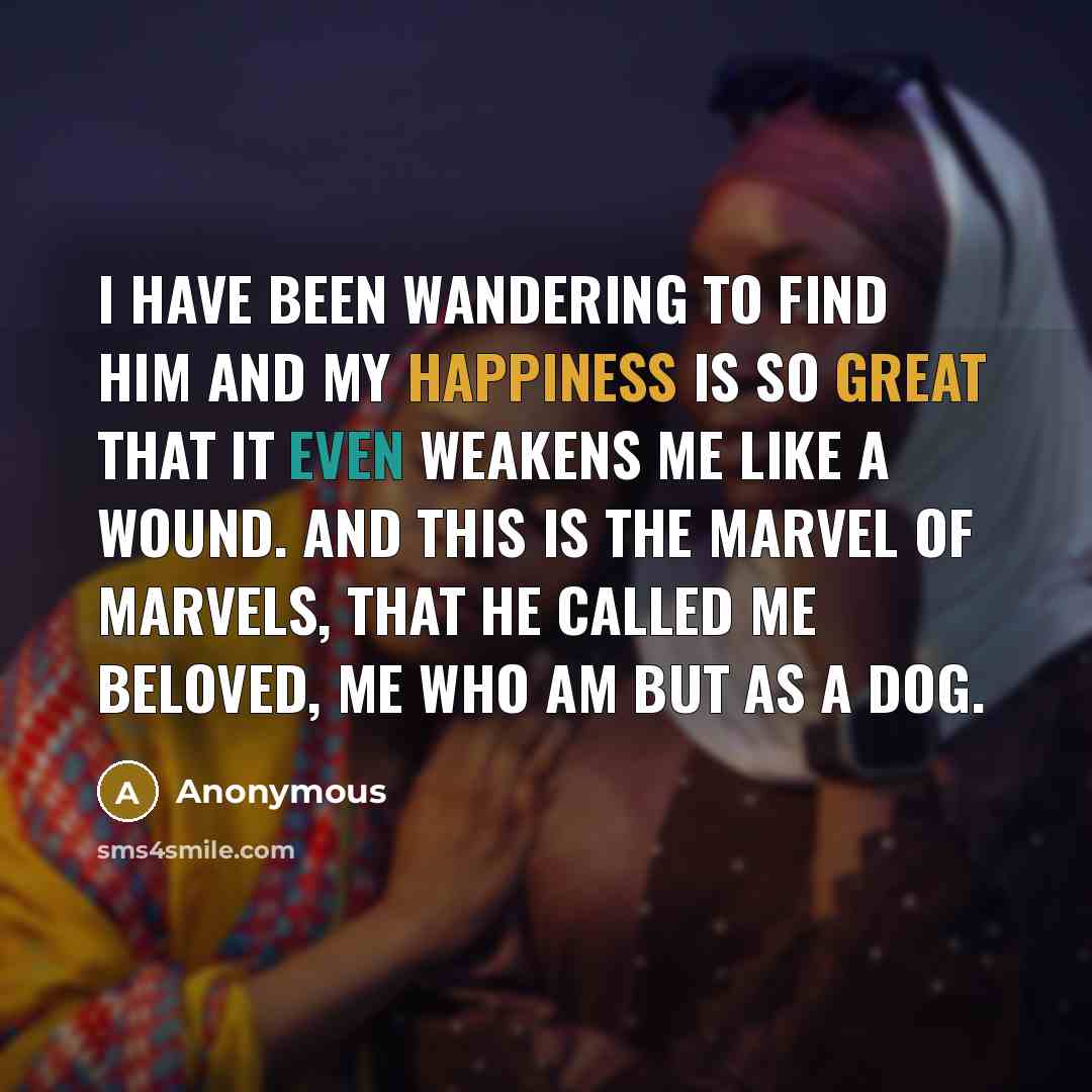“I have been wandering to find him and my happiness is so great that it even weakens me like a wound. And this is the marvel of marvels, that he called me Beloved, me who am but as a dog.” quote by Anonymous