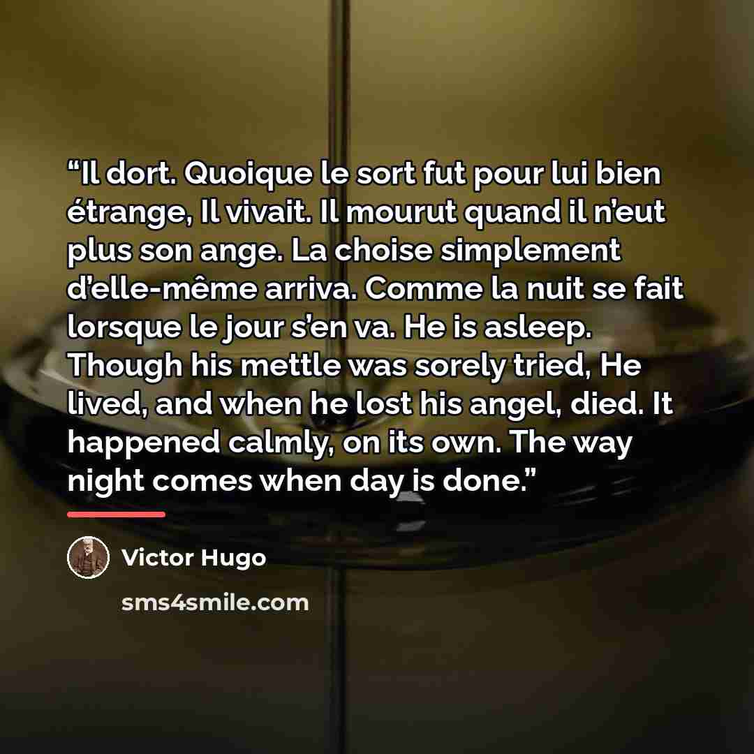 “Il dort. Quoique le sort fut pour lui bien étrange, Il vivait. Il mourut quand il n’eut plus son ange. La choise simplement d’elle-même arriva. Comme la nuit se fait lorsque le jour s’en va. He is asleep. Though his mettle was sorely tried, He lived, and when he lost his angel, died. It happened…” quote by Victor Hugo