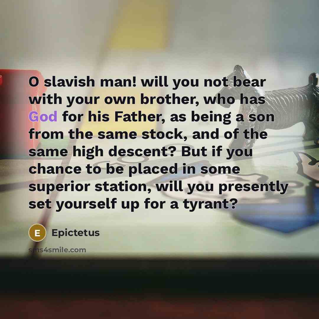 “O slavish man! will you not bear with your own brother, who has God for his Father, as being a son from the same stock, and of the same high descent? But if you chance to be placed in some superior station, will you presently set yourself up for a tyrant?” quote by Epictetus