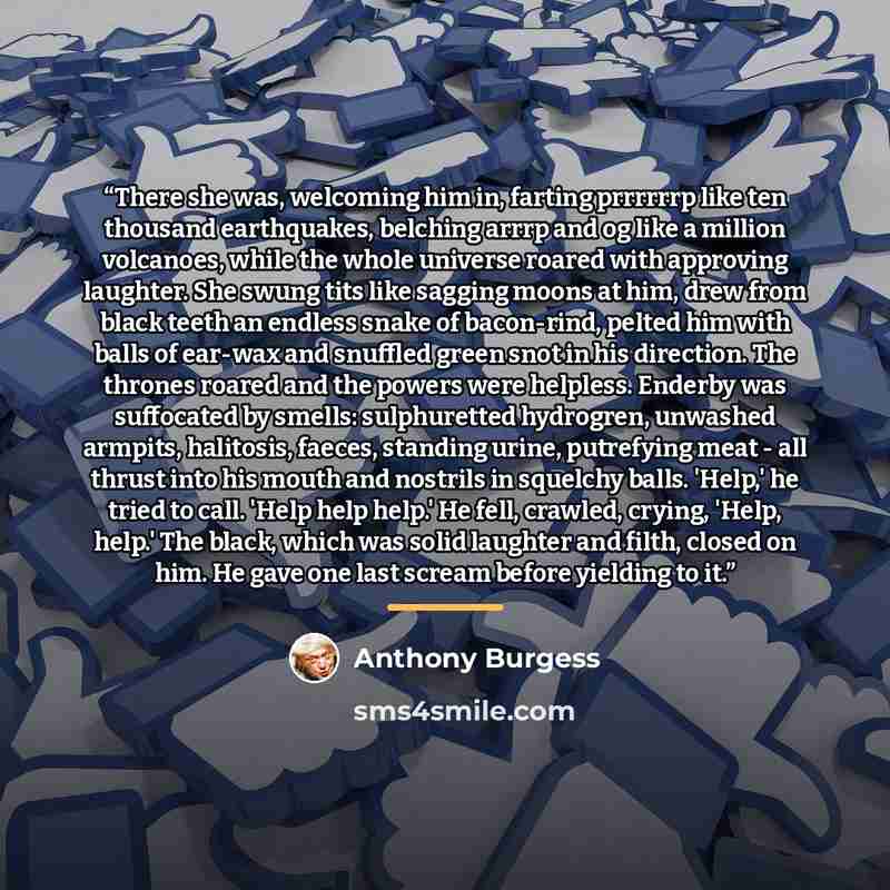 “There she was, welcoming him in, farting prrrrrrp like ten thousand earthquakes, belching arrrp and og like a million volcanoes, while the whole universe roared with approving laughter. She swung tits like sagging moons at him, drew from black teeth an endless snake of bacon-rind, pelted him with…” quote by Anthony Burgess