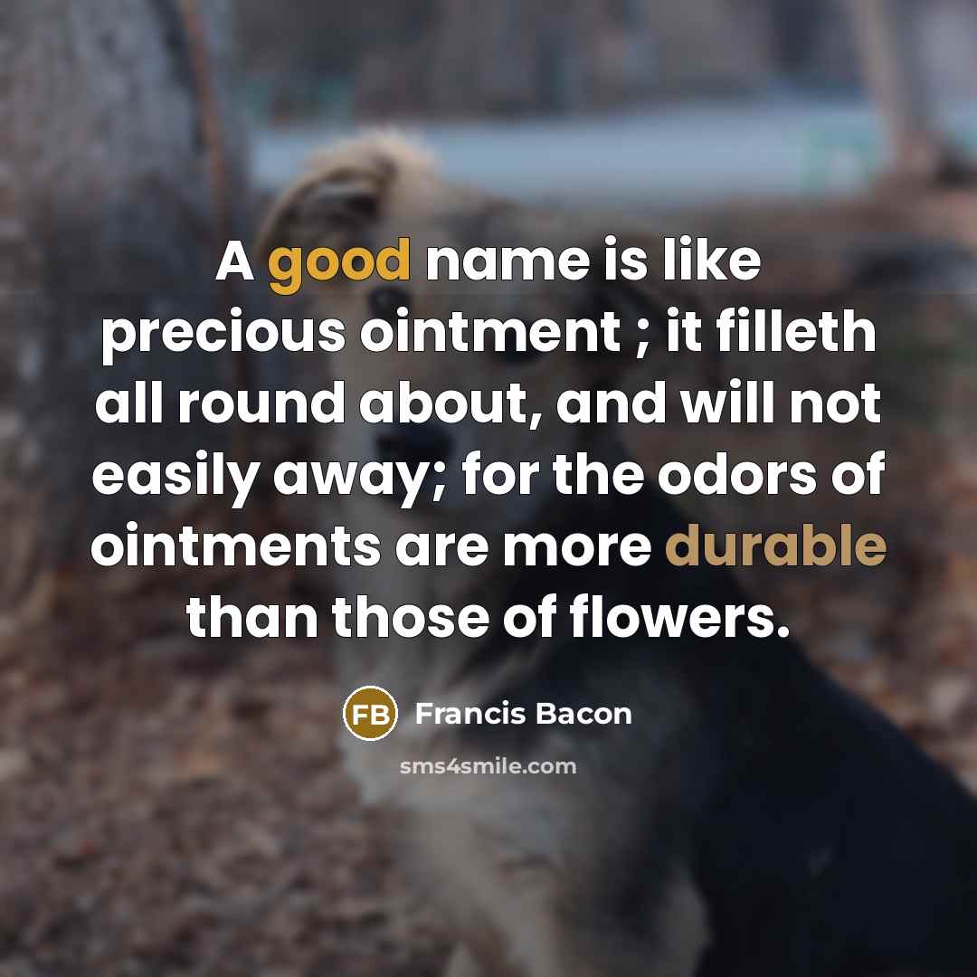 “A good name is like precious ointment ; it filleth all round about, and will not easily away; for the odors of ointments are more durable than those of flowers.” quote by Francis Bacon