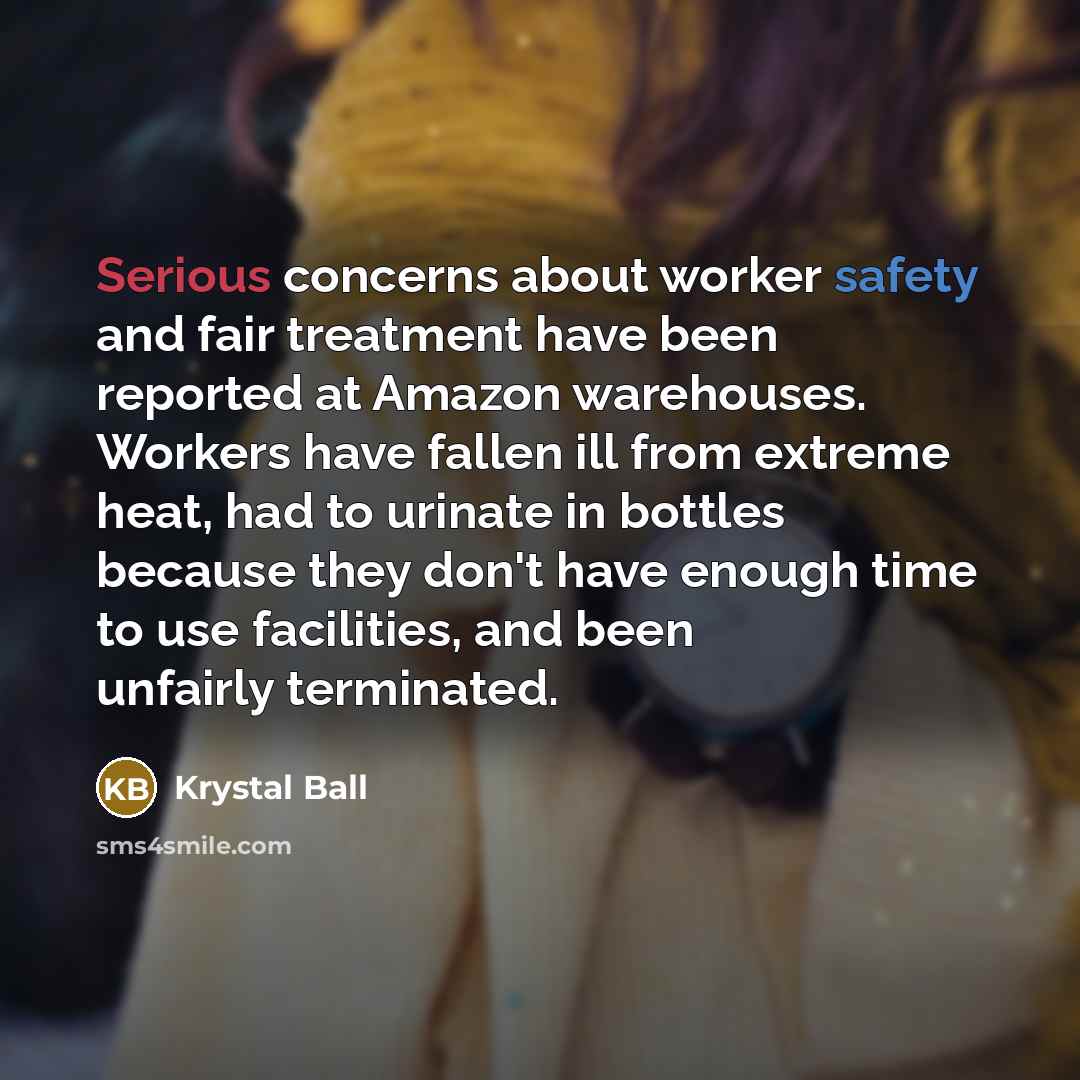 “Serious concerns about worker safety and fair treatment have been reported at Amazon warehouses. Workers have fallen ill from extreme heat, had to urinate in bottles because they don't have enough time to use facilities, and been unfairly terminated.” quote by Krystal Ball