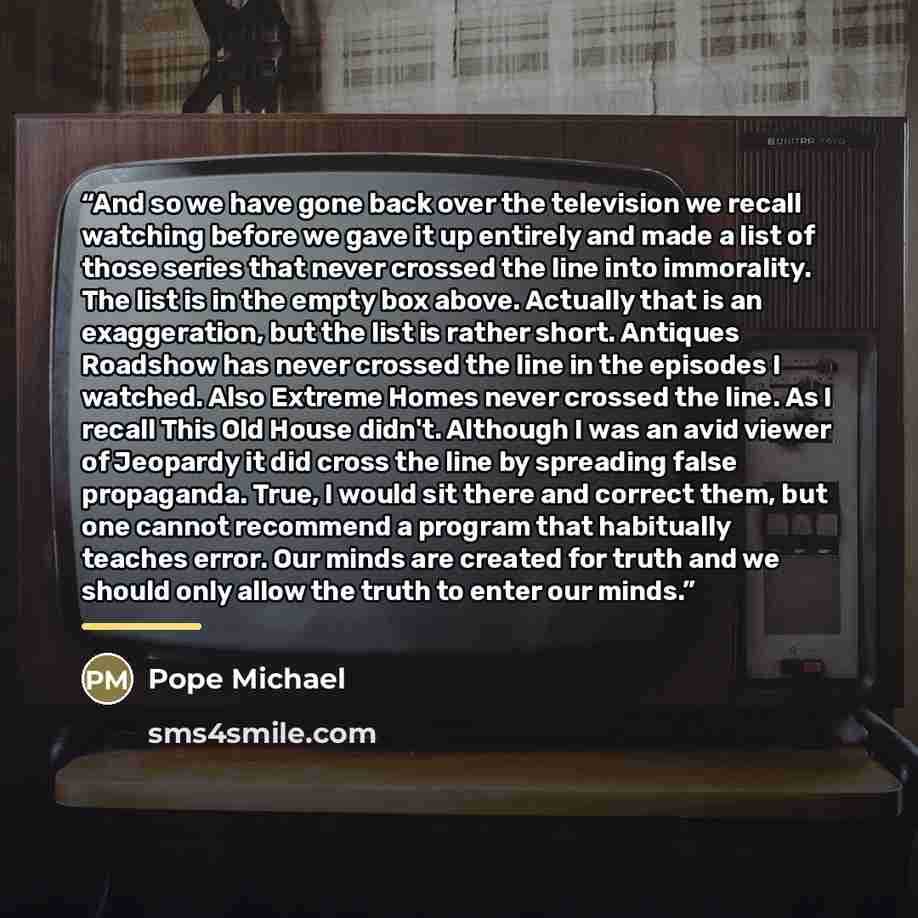 “And so we have gone back over the television we recall watching before we gave it up entirely and made a list of those series that never crossed the line into immorality. The list is in the empty box above. Actually that is an exaggeration, but the list is rather short. Antiques Roadshow has never…” quote by Pope Michael