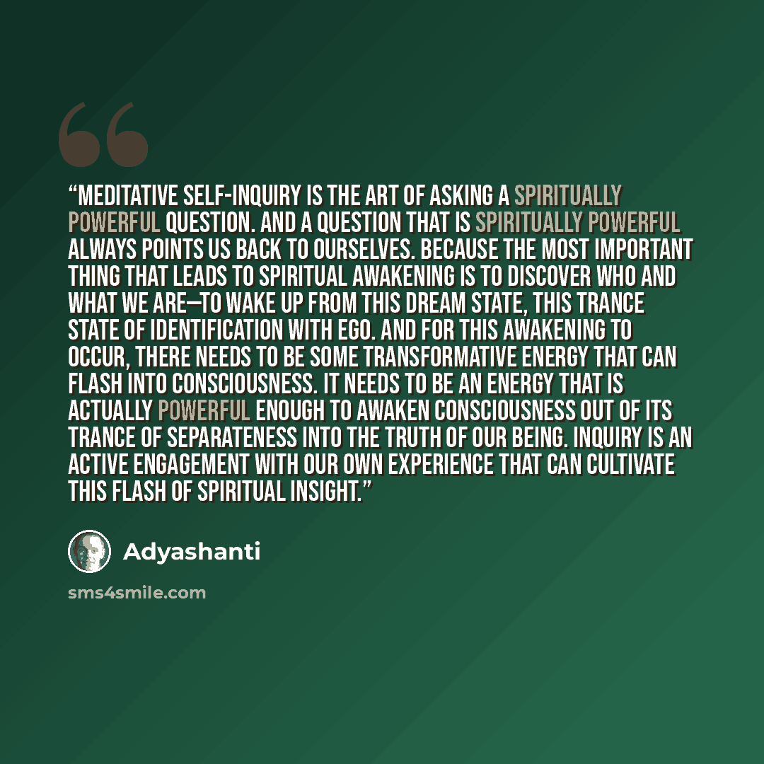 “Meditative self-inquiry is the art of asking a spiritually powerful question. And a question that is spiritually powerful always points us back to ourselves. Because the most important thing that leads to spiritual awakening is to discover who and what we are—to wake up from this dream state, this…” quote by Adyashanti