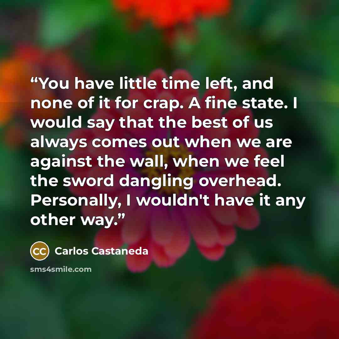 “You have little time left, and none of it for crap. A fine state. I would say that the best of us always comes out when we are against the wall, when we feel the sword dangling overhead. Personally, I wouldn't have it any other way.” quote by Carlos Castaneda