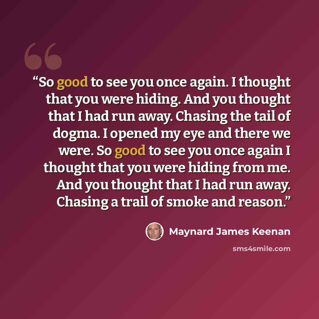 “So good to see you once again. I thought that you were hiding. And you thought that I had run away. Chasing the tail of dogma. I opened my eye and there we were. So good to see you once again I thought that you were hiding from me. And you thought that I had run away. Chasing a trail of smoke and…” quote by Maynard James Keenan