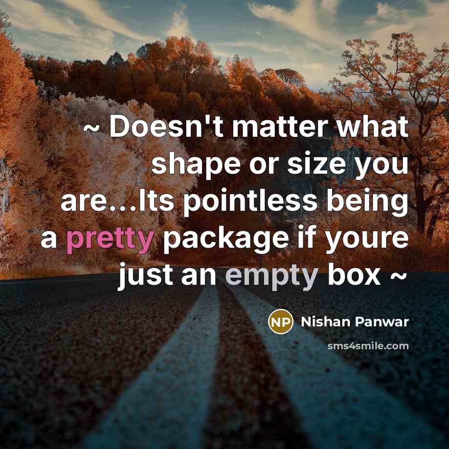 “~ Doesn't matter what shape or size you are...Its pointless being a pretty package if youre just an empty box ~” quote by Nishan Panwar