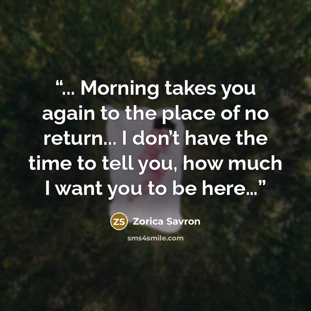 “... Morning takes you again to the place of no return... I don’t have the time to tell you, how much I want you to be here…” quote by Zorica Savron