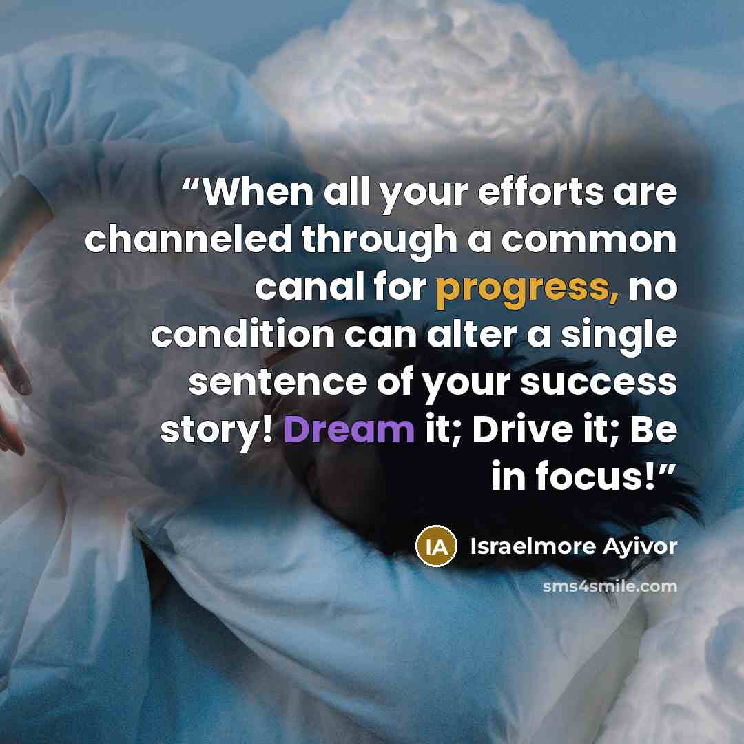 “When all your efforts are channeled through a common canal for progress, no condition can alter a single sentence of your success story! Dream it; Drive it; Be in focus!” quote by Israelmore Ayivor