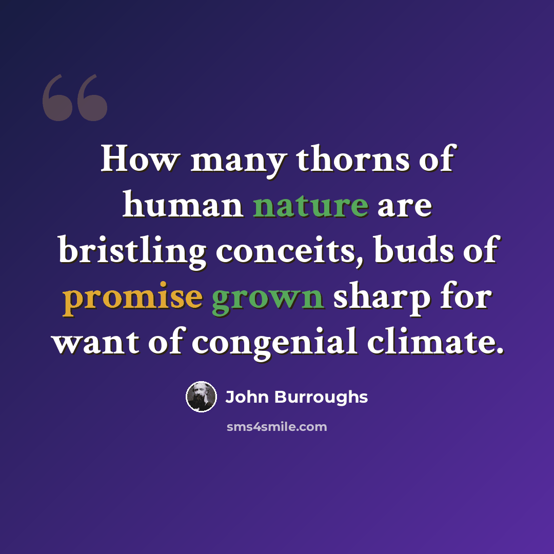 “How many thorns of human nature are bristling conceits, buds of promise grown sharp for want of congenial climate.” quote by John Burroughs