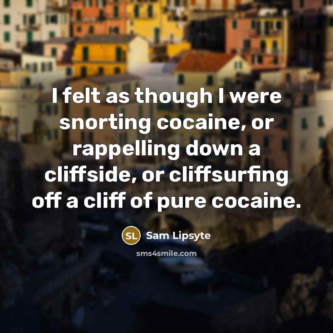 “I felt as though I were snorting cocaine, or rappelling down a cliffside, or cliffsurfing off a cliff of pure cocaine.” quote by Sam Lipsyte
