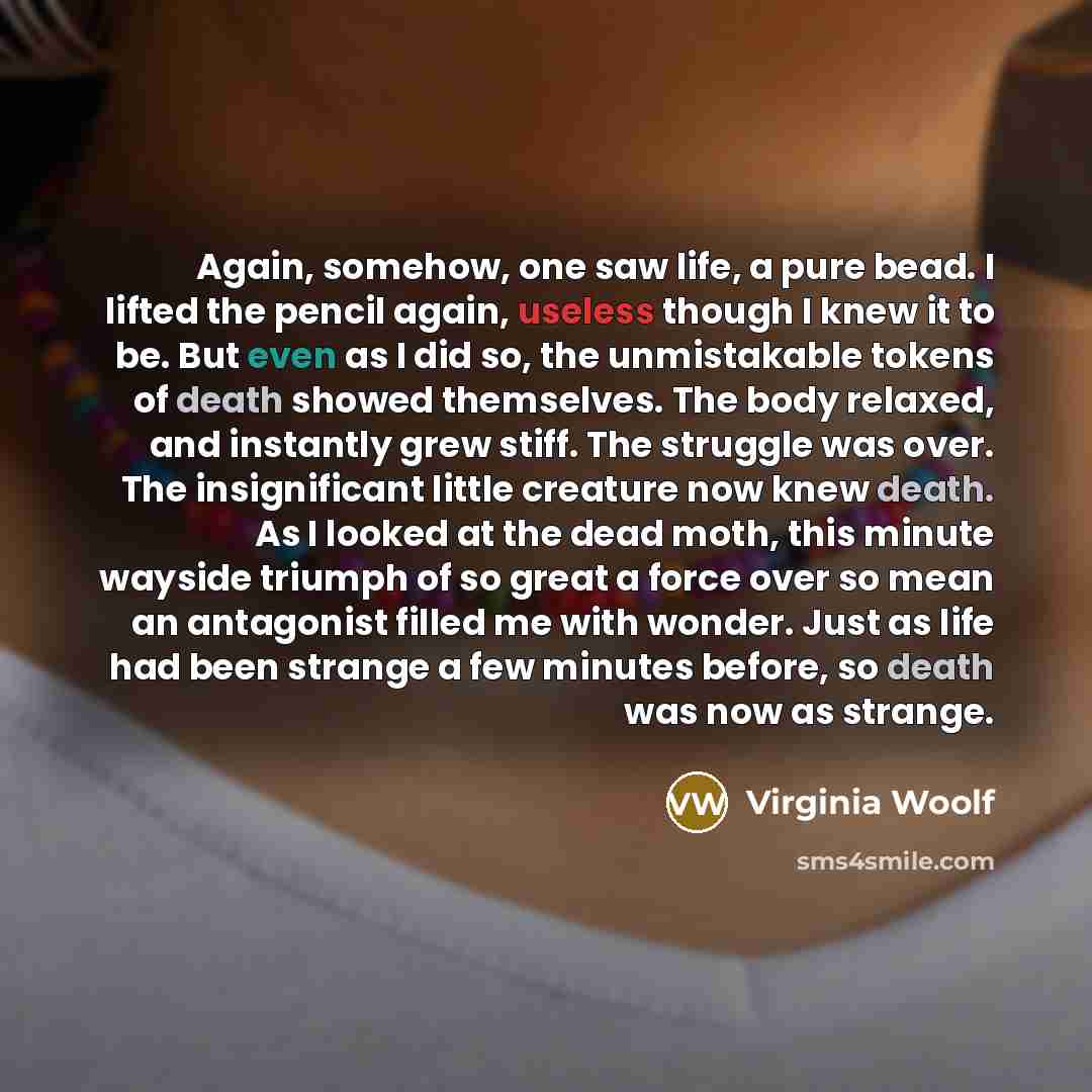 “Again, somehow, one saw life, a pure bead. I lifted the pencil again, useless though I knew it to be. But even as I did so, the unmistakable tokens of death showed themselves. The body relaxed, and instantly grew stiff. The struggle was over. The insignificant little creature now knew death. As I…” quote by Virginia Woolf