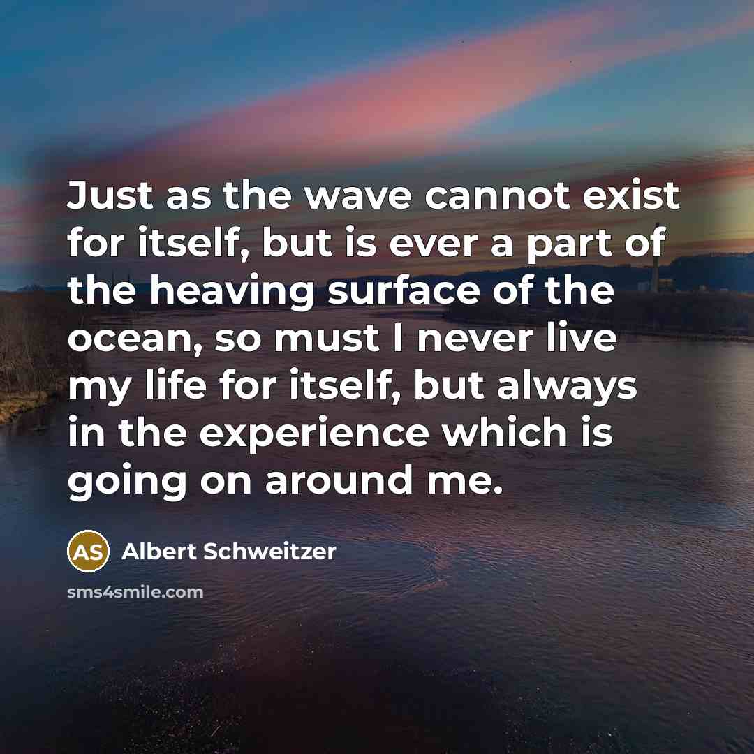 “Just as the wave cannot exist for itself, but is ever a part of the heaving surface of the ocean, so must I never live my life for itself, but always in the experience which is going on around me.” quote by Albert Schweitzer