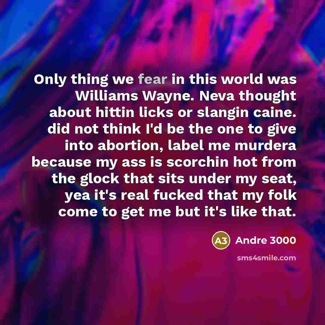 “Only thing we fear in this world was Williams Wayne. Neva thought about hittin licks or slangin caine. did not think I'd be the one to give into abortion, label me murdera because my ass is scorchin hot from the glock that sits under my seat, yea it's real fucked that my folk come to get me but…” quote by Andre 3000