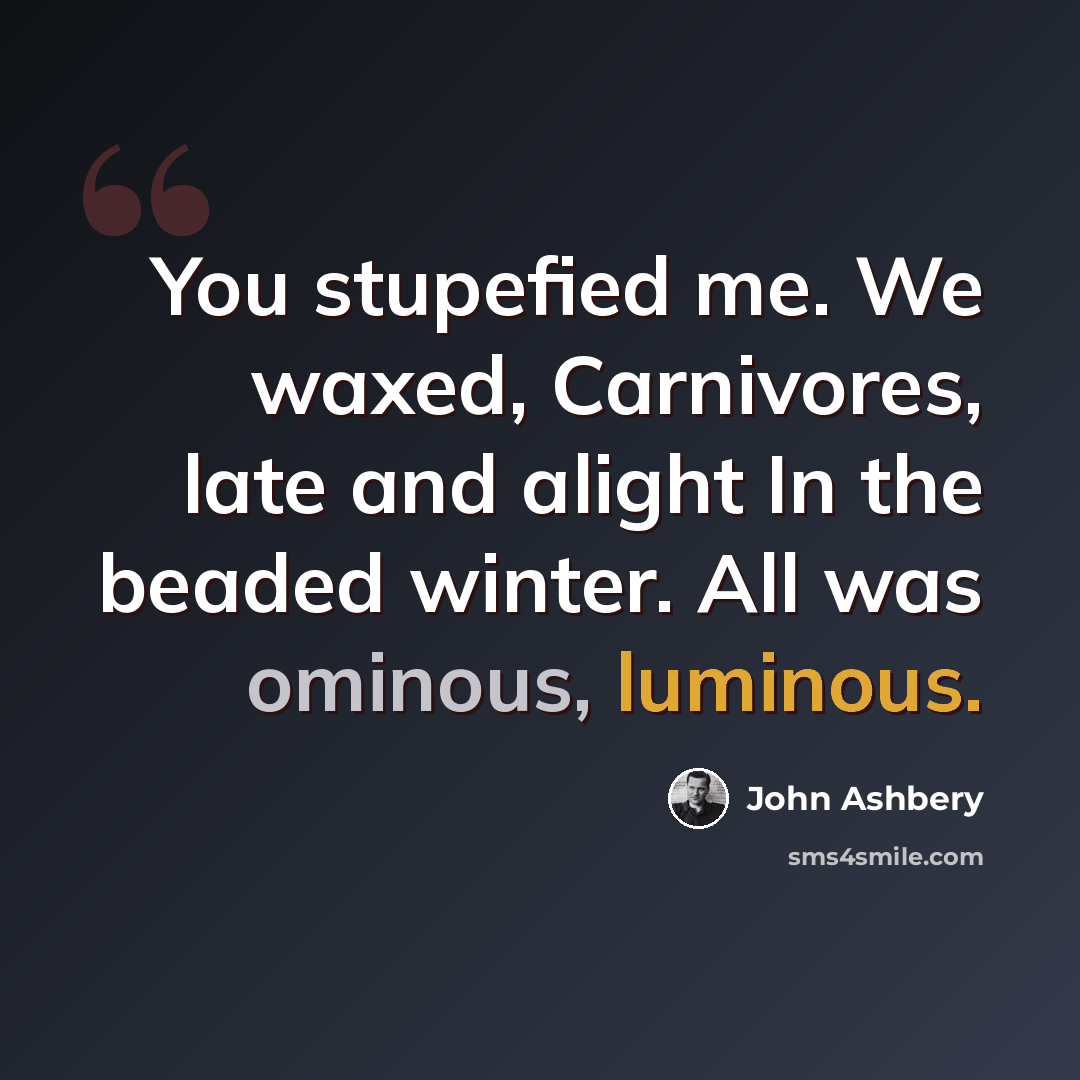 “You stupefied me. We waxed, Carnivores, late and alight In the beaded winter. All was ominous, luminous.” quote by John Ashbery