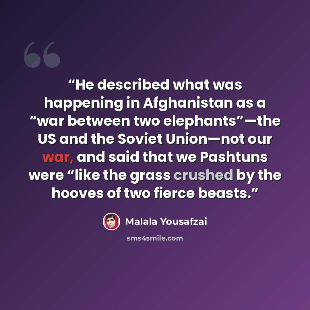 “He described what was happening in Afghanistan as a “war between two elephants”—the US and the Soviet Union—not our war, and said that we Pashtuns were “like the grass crushed by the hooves of two fierce beasts.” quote by Malala Yousafzai